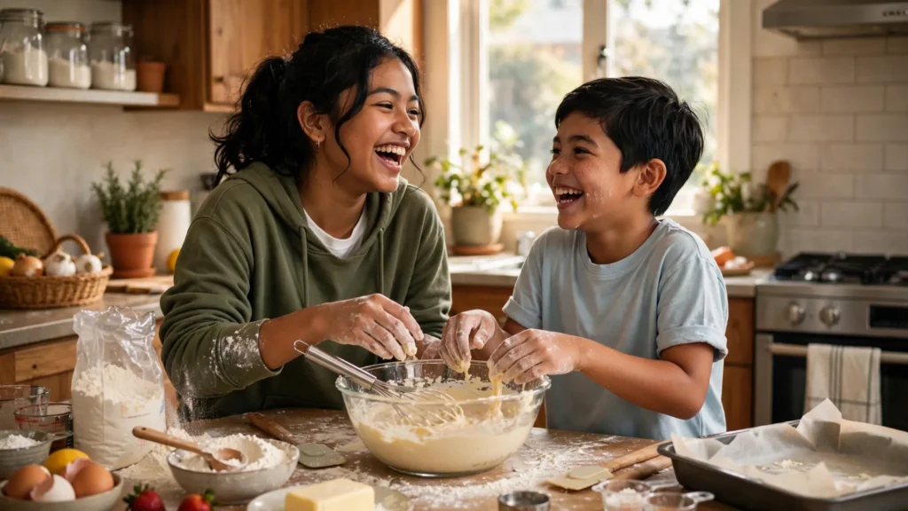 Kakak dan adik membuat kue ulang tahun bersama di dapur