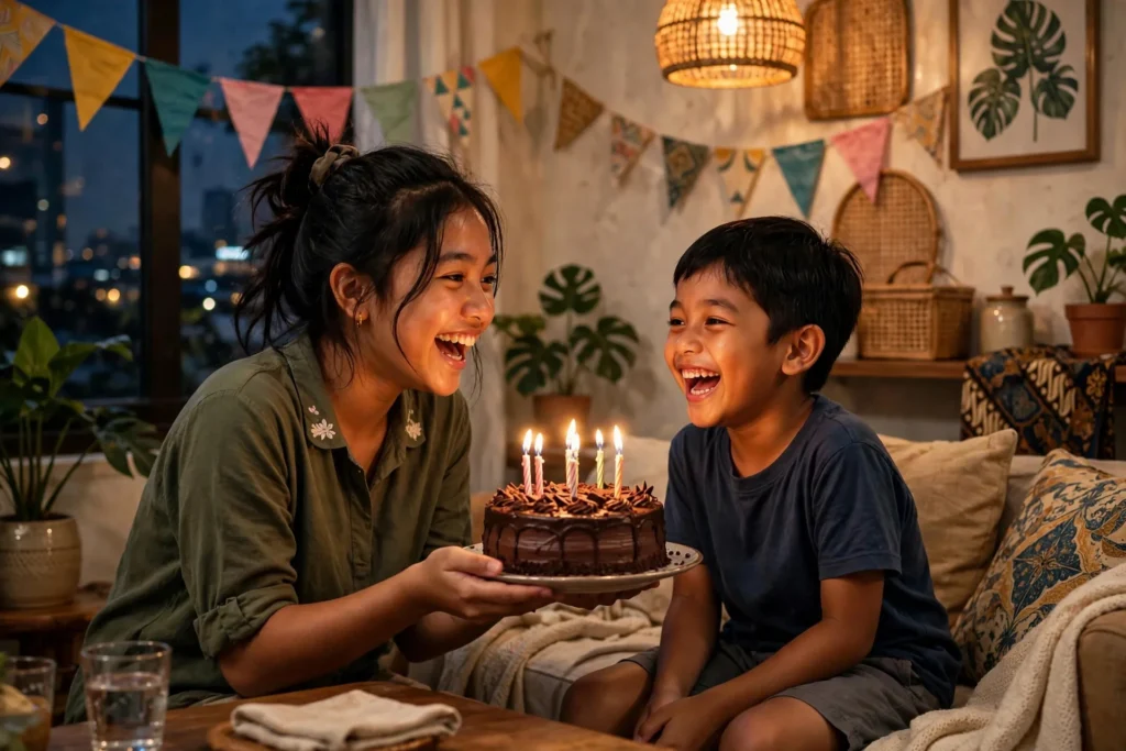 Kejutan ucapan ulang tahun untuk adik dengan kue berlilin di ruang keluarga