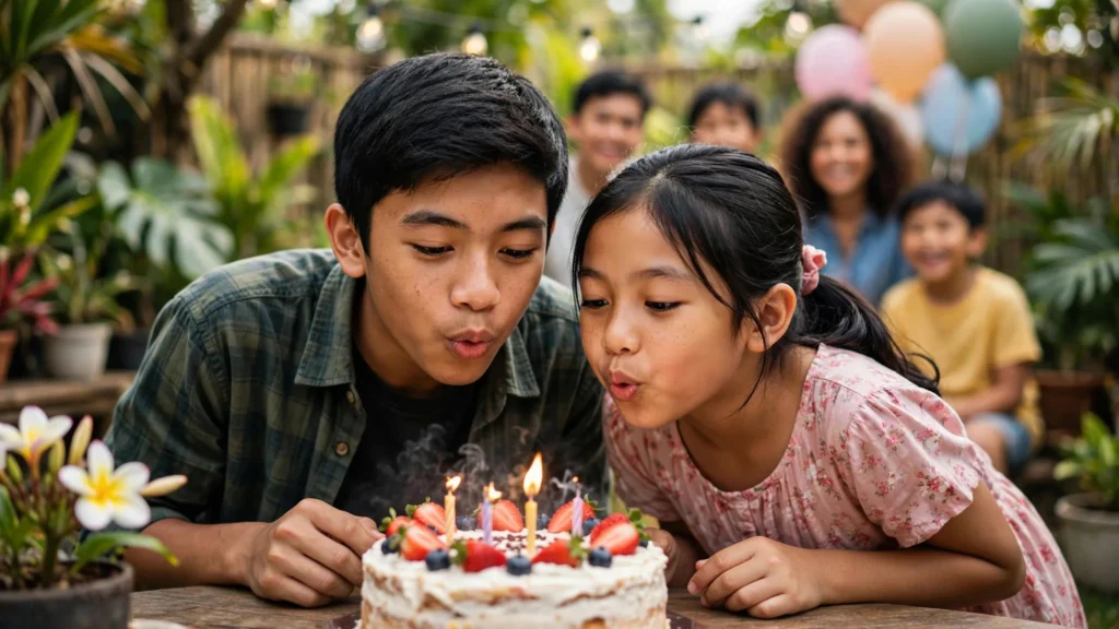 Kakak beradik meniup lilin kue ulang tahun bersama di pesta taman