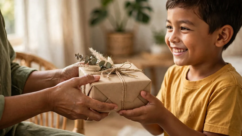 Ibu memberikan kado ulang tahun kepada anak laki-lakinya