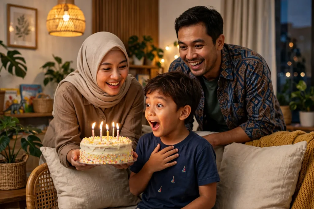Kejutan ucapan ulang tahun untuk anak laki-laki dengan kue lilin di rumah