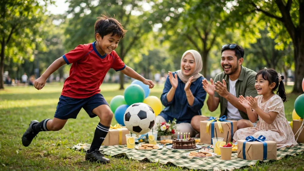 Anak laki-laki bermain bola dengan gembira bersama keluarga di taman