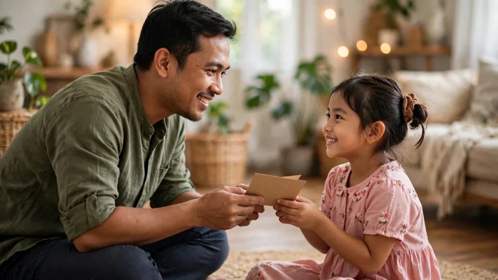 Ayah memberikan kartu ucapan kepada anak perempuannya