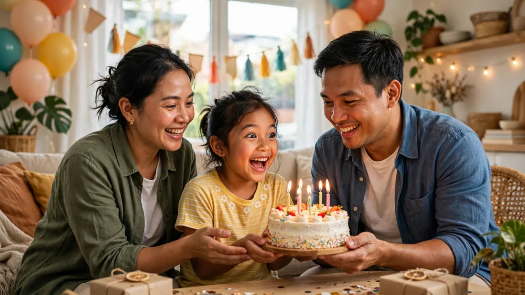 Kejutan ucapan ulang tahun untuk anak perempuan dengan kue lilin di rumah