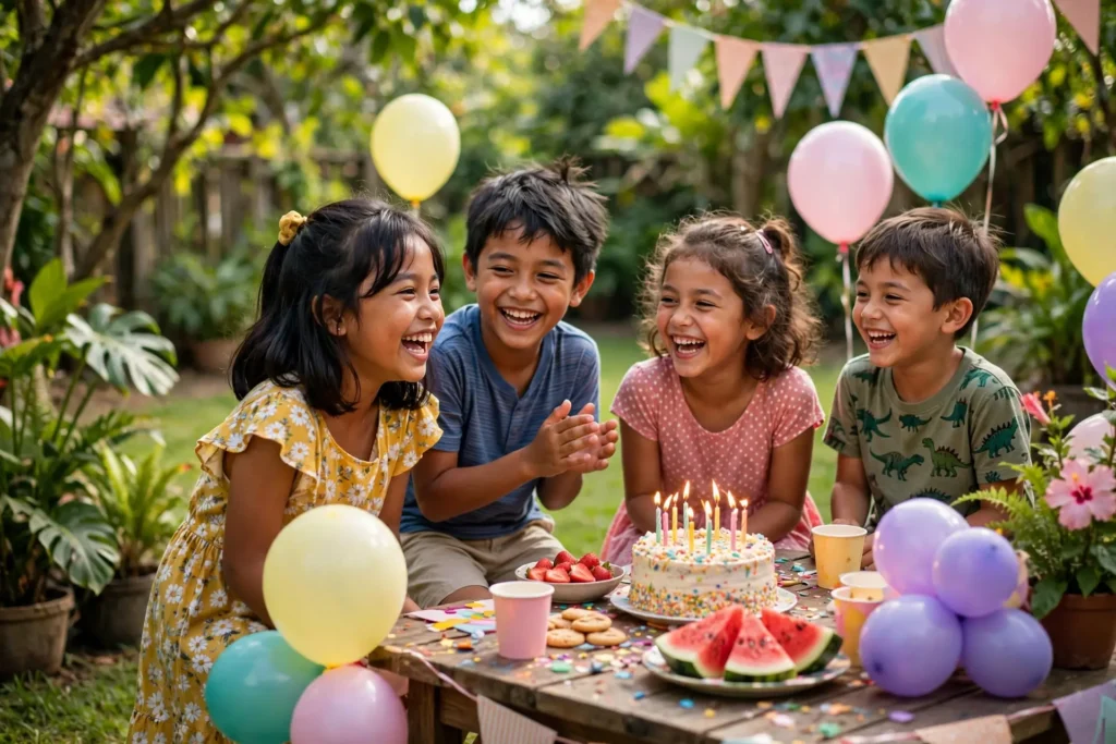 Anak perempuan merayakan ulang tahun dengan pesta kebun bersama teman-teman