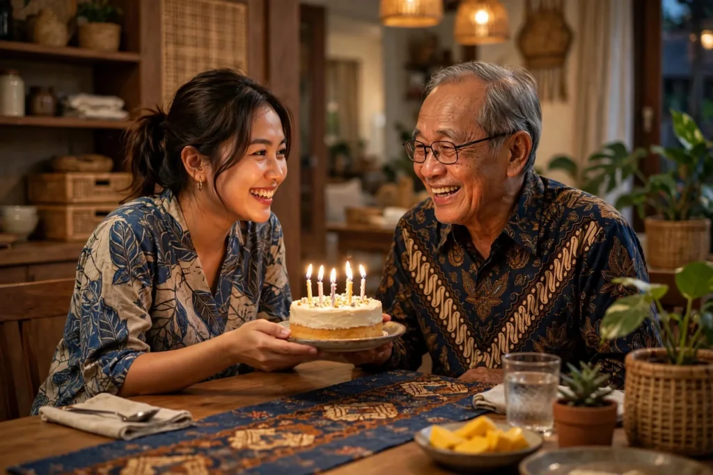 Kejutan ucapan ulang tahun untuk ayah dengan kue berlilin di ruang makan
