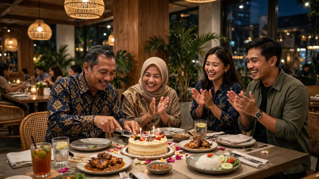 Keluarga merayakan ulang tahun ayah dengan makan malam bersama di restoran
