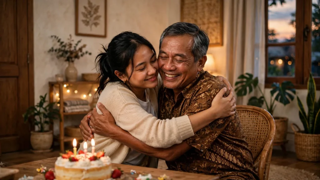 Anak perempuan memeluk ayahnya dengan penuh kasih di hari ulang tahun