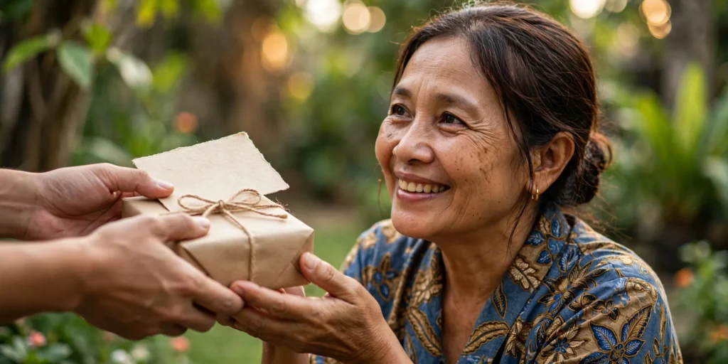 Tangan memberikan kado dan kartu ucapan kepada ibu di taman