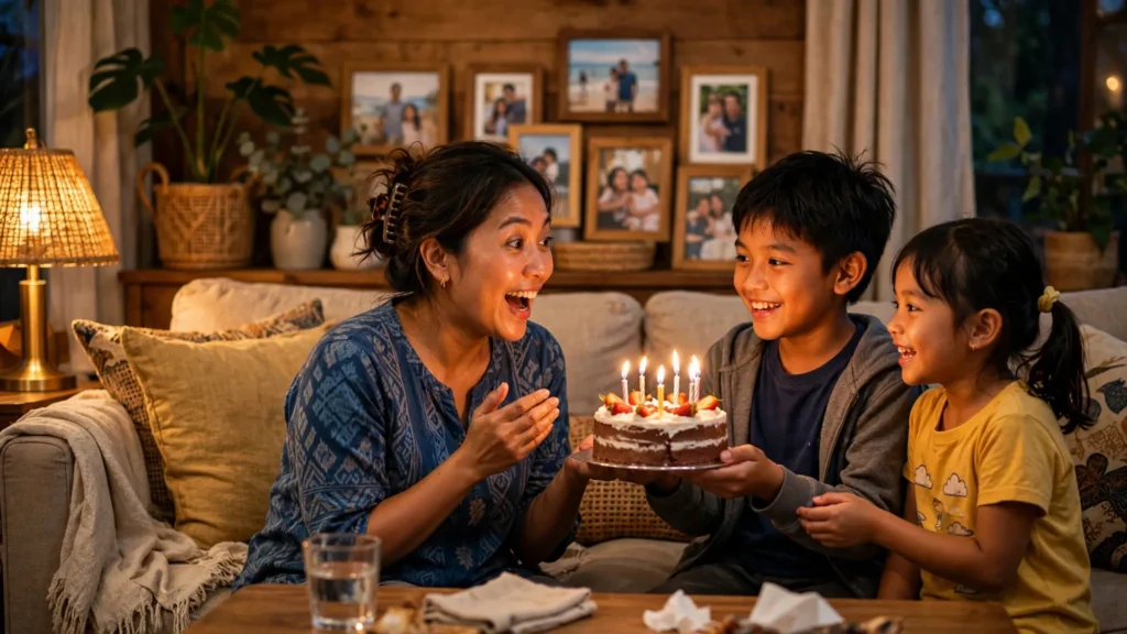 Kejutan ucapan ulang tahun untuk ibu dengan kue berlilin di ruang tamu