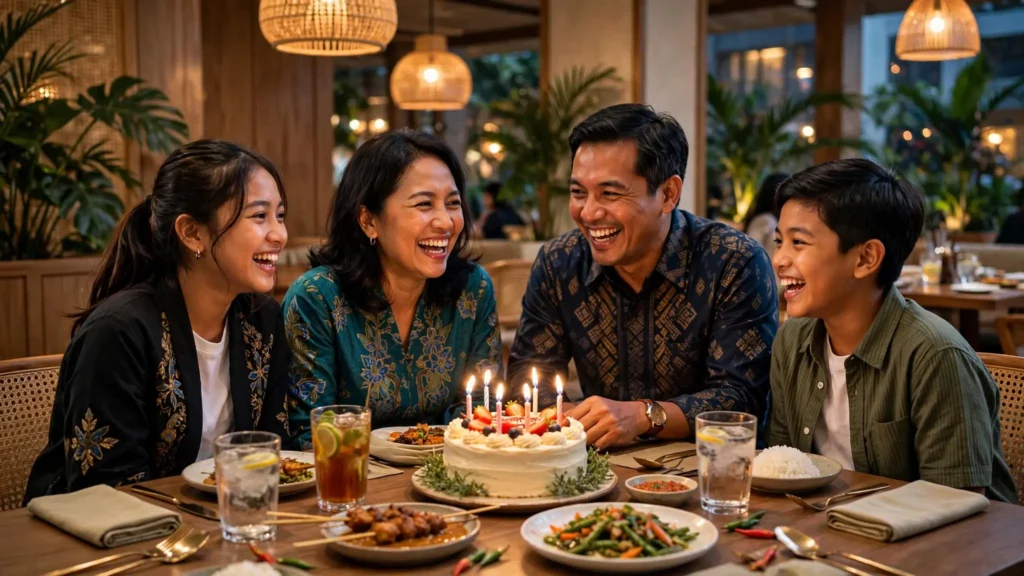 Keluarga merayakan ulang tahun ibu dengan makan malam bersama di restoran