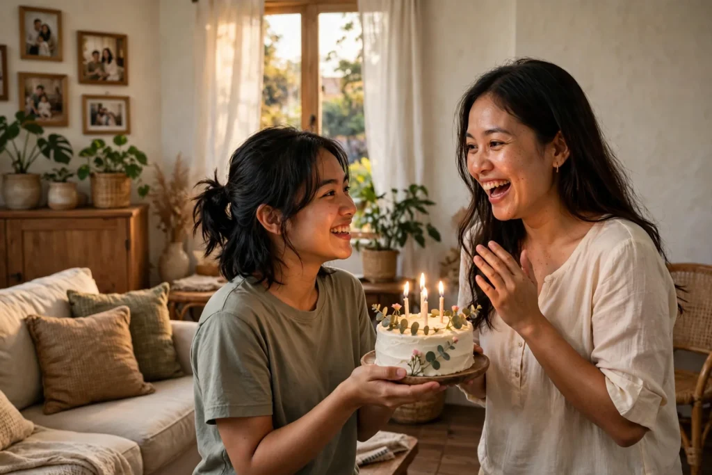 Kejutan ucapan ulang tahun untuk kakak dengan kue berlilin di ruang tamu