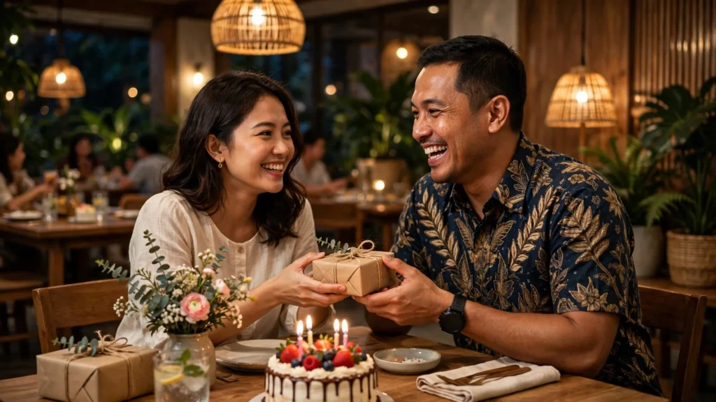 Kakak beradik merayakan ulang tahun dengan makan malam bersama di restoran