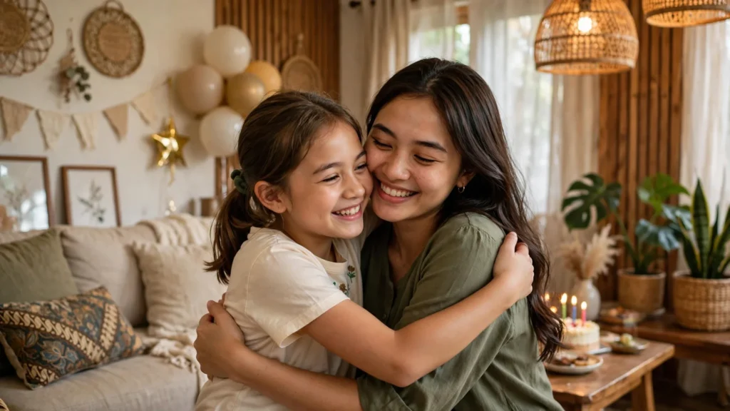 Adik memeluk kakak perempuannya dengan hangat di hari ulang tahun