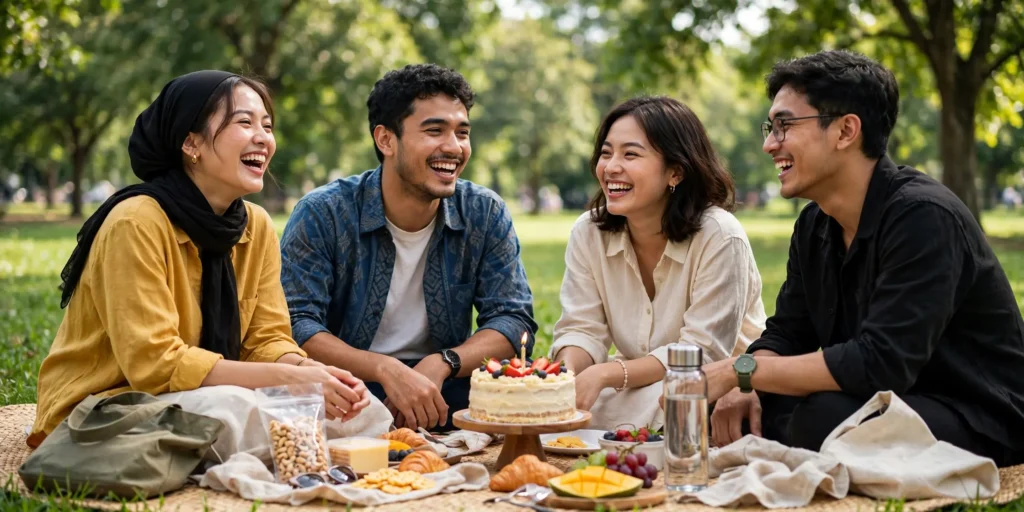Teman-teman menikmati piknik ulang tahun bersama di taman yang hijau