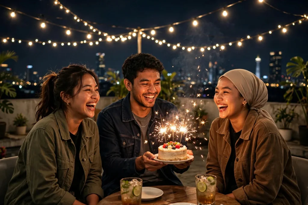 Perayaan ucapan ulang tahun untuk teman di rooftop malam hari dengan kue dan lampu hias