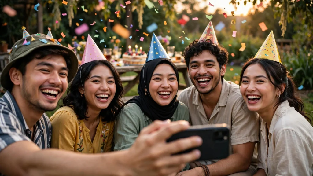 Lima teman berfoto selfie dengan topi pesta dan confetti di pesta ulang tahun taman