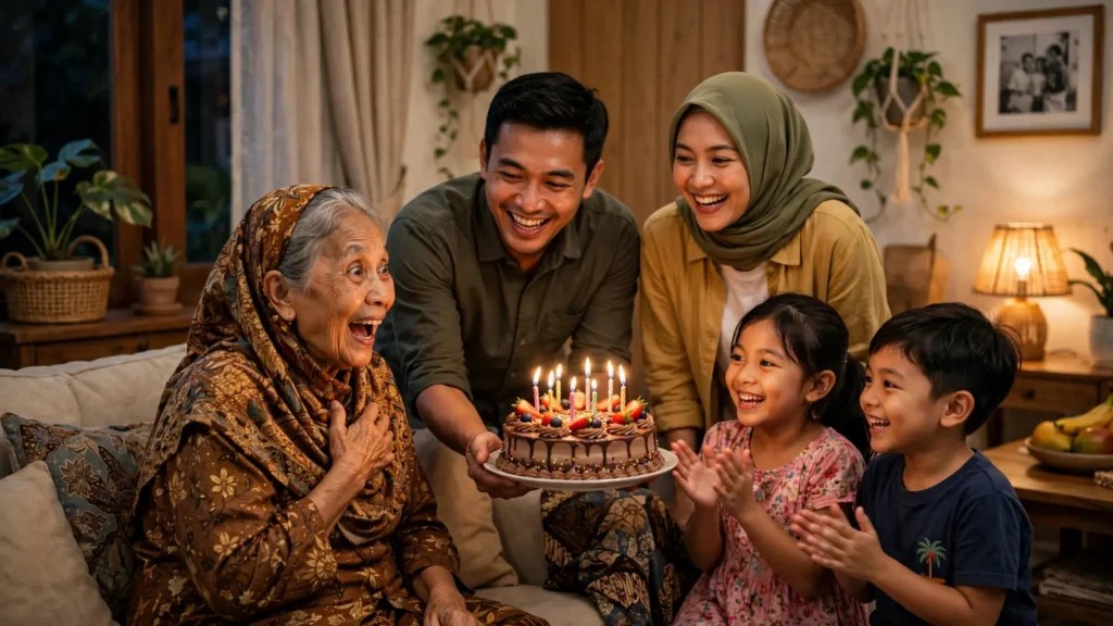 Perayaan ucapan ulang tahun keluarga Indonesia dengan kue berlilin di ruang tamu