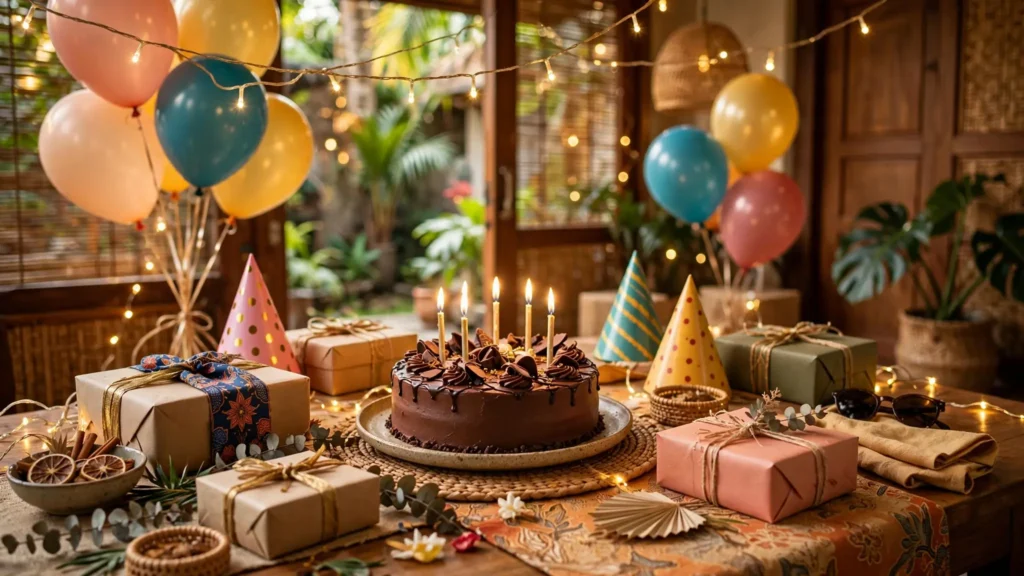 Meja pesta ulang tahun yang meriah dengan kue, balon, dan dekorasi