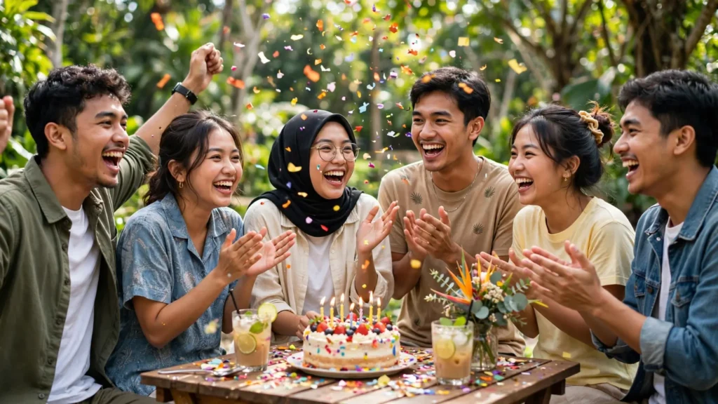 Teman-teman muda merayakan ulang tahun dengan confetti di pesta taman