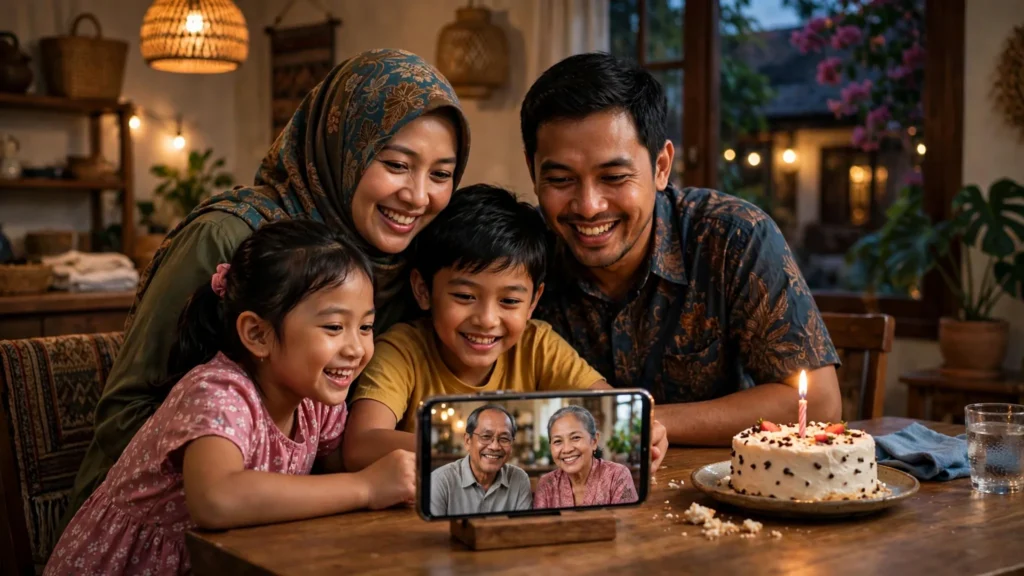 Keluarga melakukan video call untuk merayakan ulang tahun bersama dari jauh